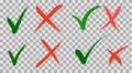 Hand written Do and Dont check tick mark and red cross checkbox icons lettering design on isolated background.